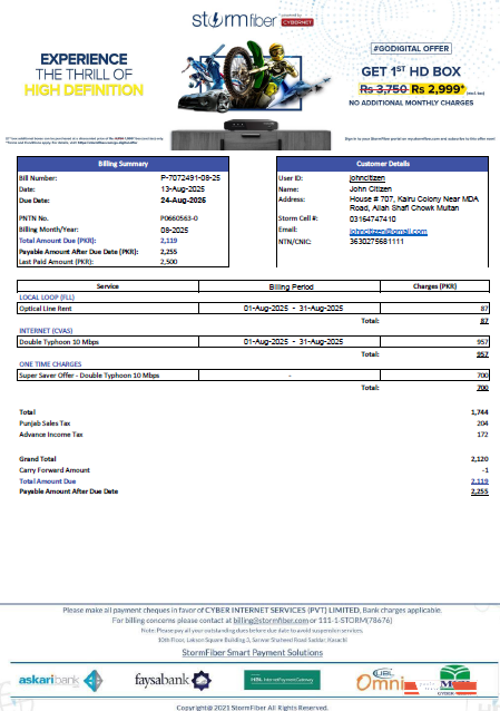 Pakistan StormFiber utility bill template in Word and PDF formats